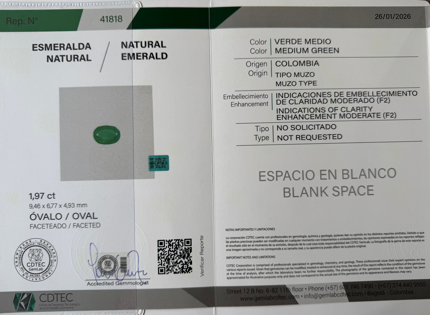 ESMERALDA CDTEC OVAL/ 1.97 CT/ 9.46 X 6.77 X 4.93 MM