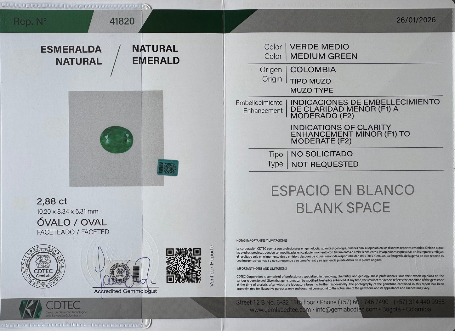 ESMERALDA CDTEC OVAL/ 2.88 CT/ 10.20 X 8.34 X 6.31 MM