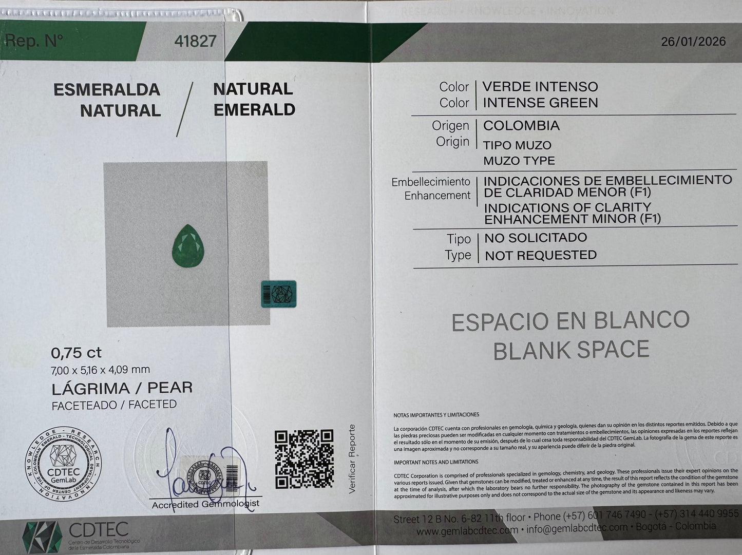 ESMERALDA CDTEC PERA/ .75 CT/ 7.00 X 5.16 X 4.09 MM
