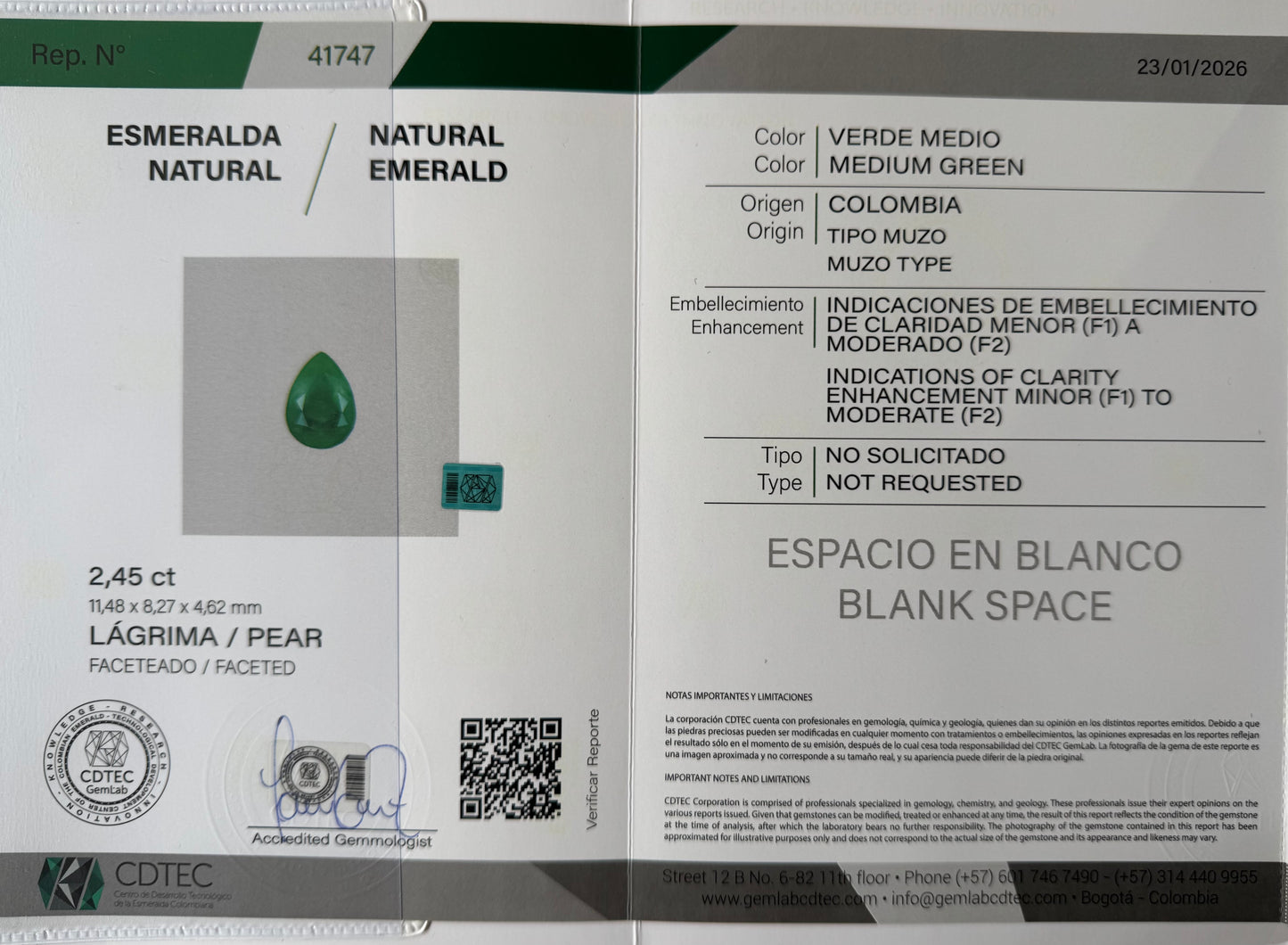 ESMERALDA CDTEC PERA/ 2.45 CT/ 11.48 X 8.27 X 4.62 MM