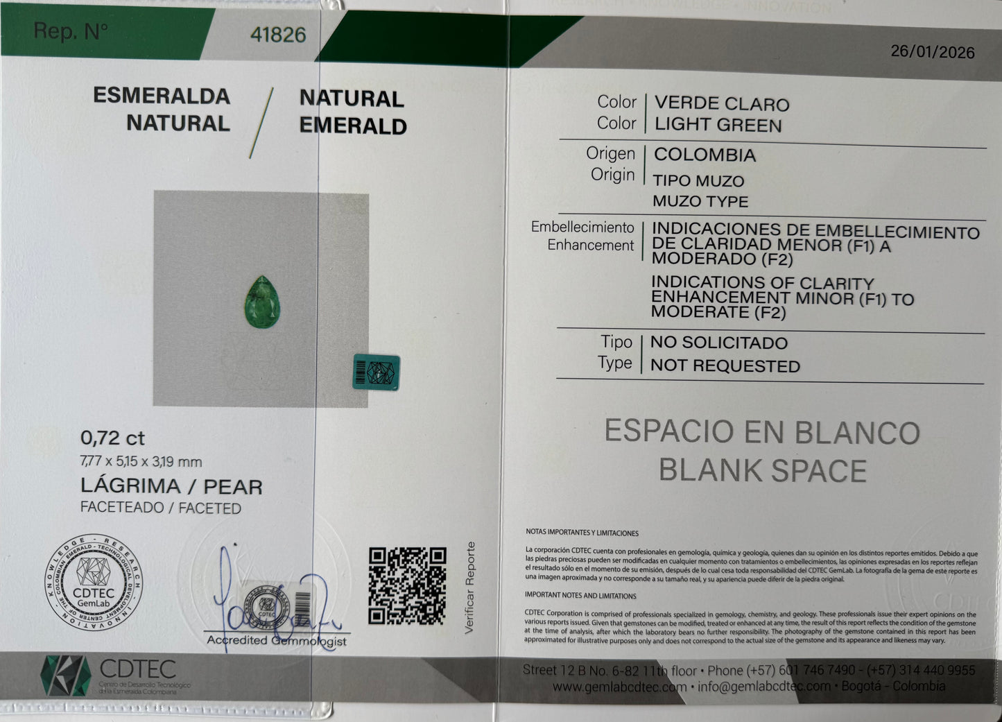 ESMERALDA CDTEC PERA/ .72 CT/ 7.77 X 5.15 X 3.19 MM