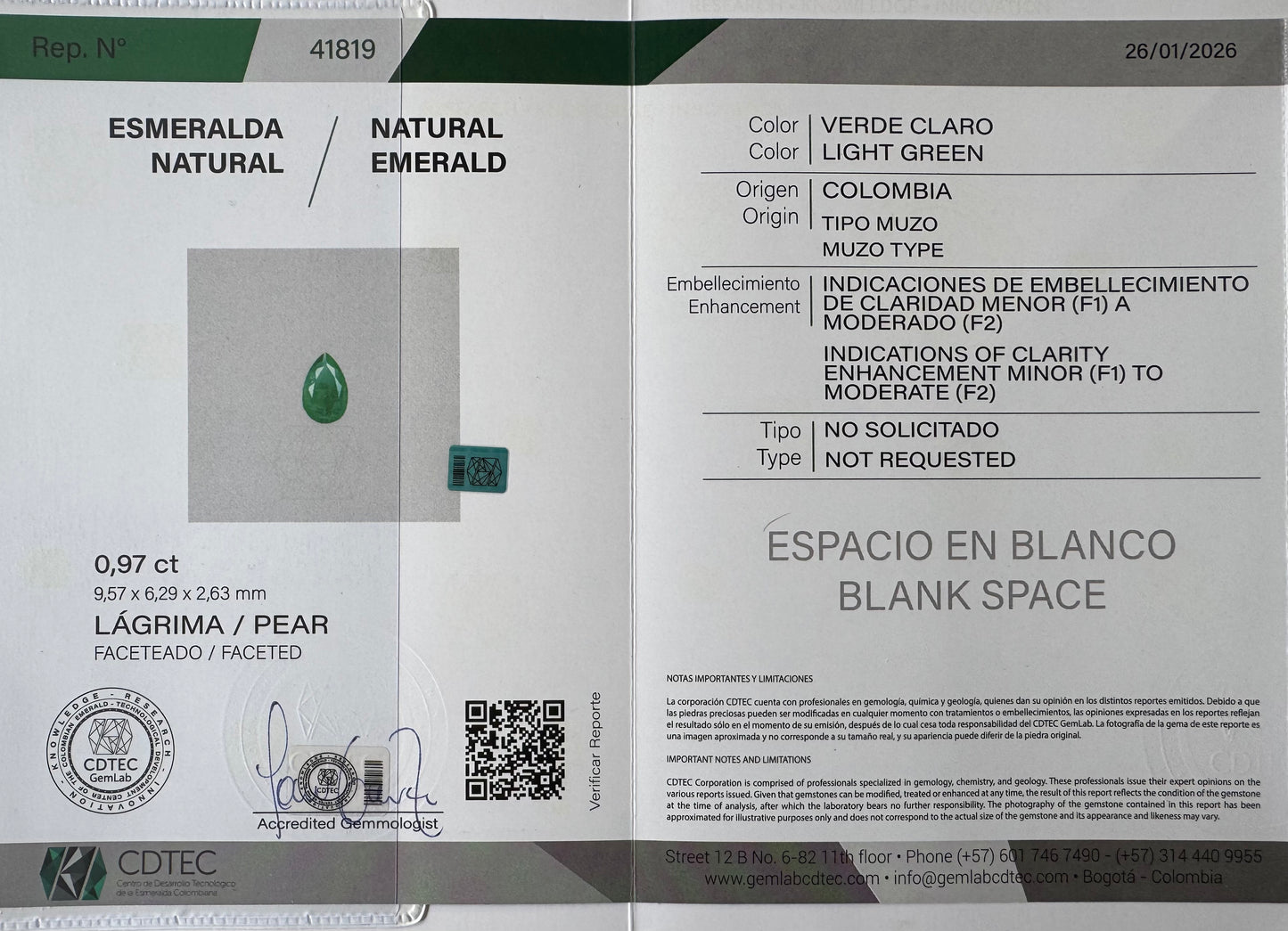 ESMERALDA CDTEC PERA 0.97 CT / 9.57 X 6.29  MM
