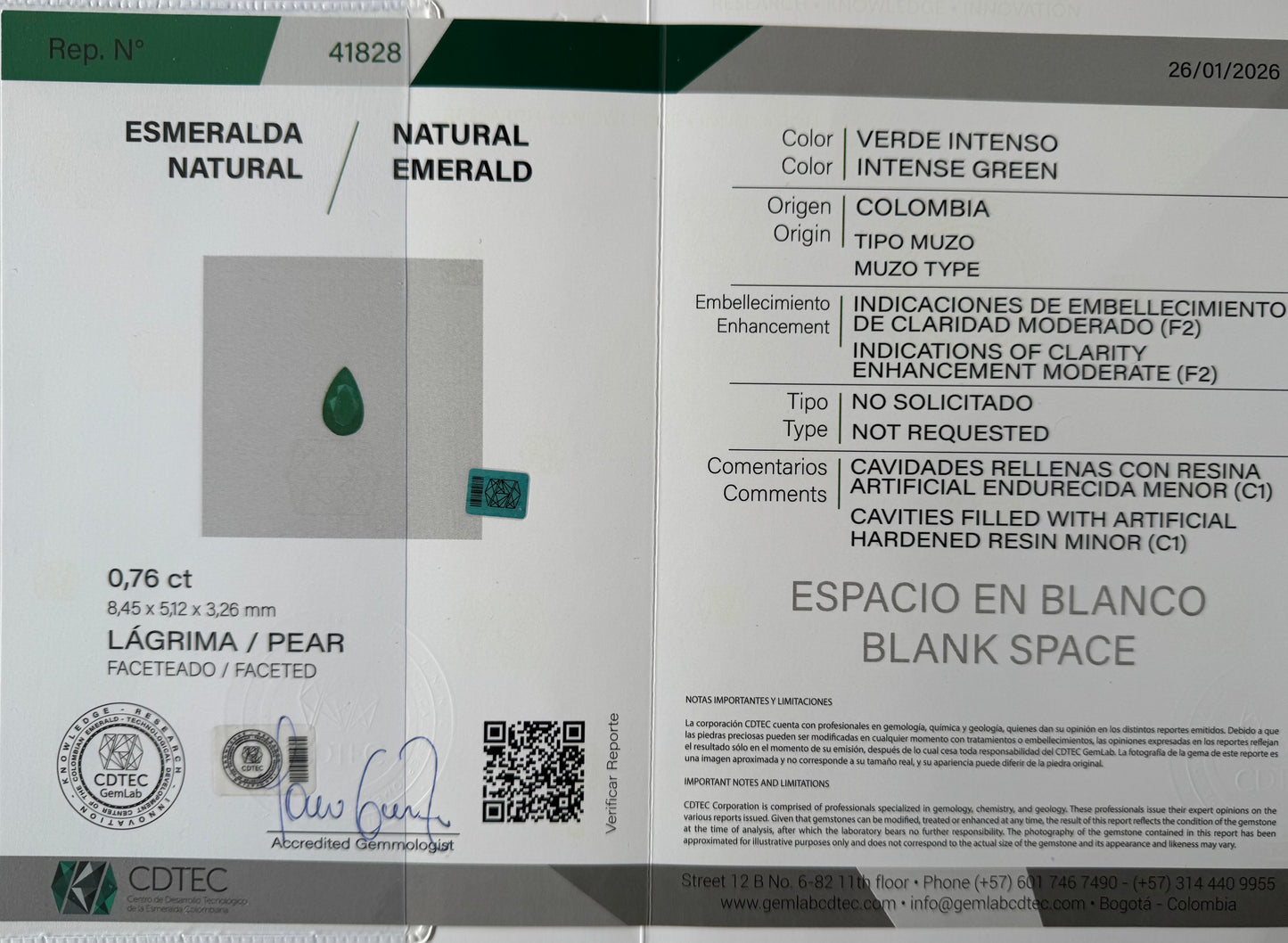ESMERALDA CDTEC PERA/ .76 CT/ 8.45 X 5.12 X 3.26 MM