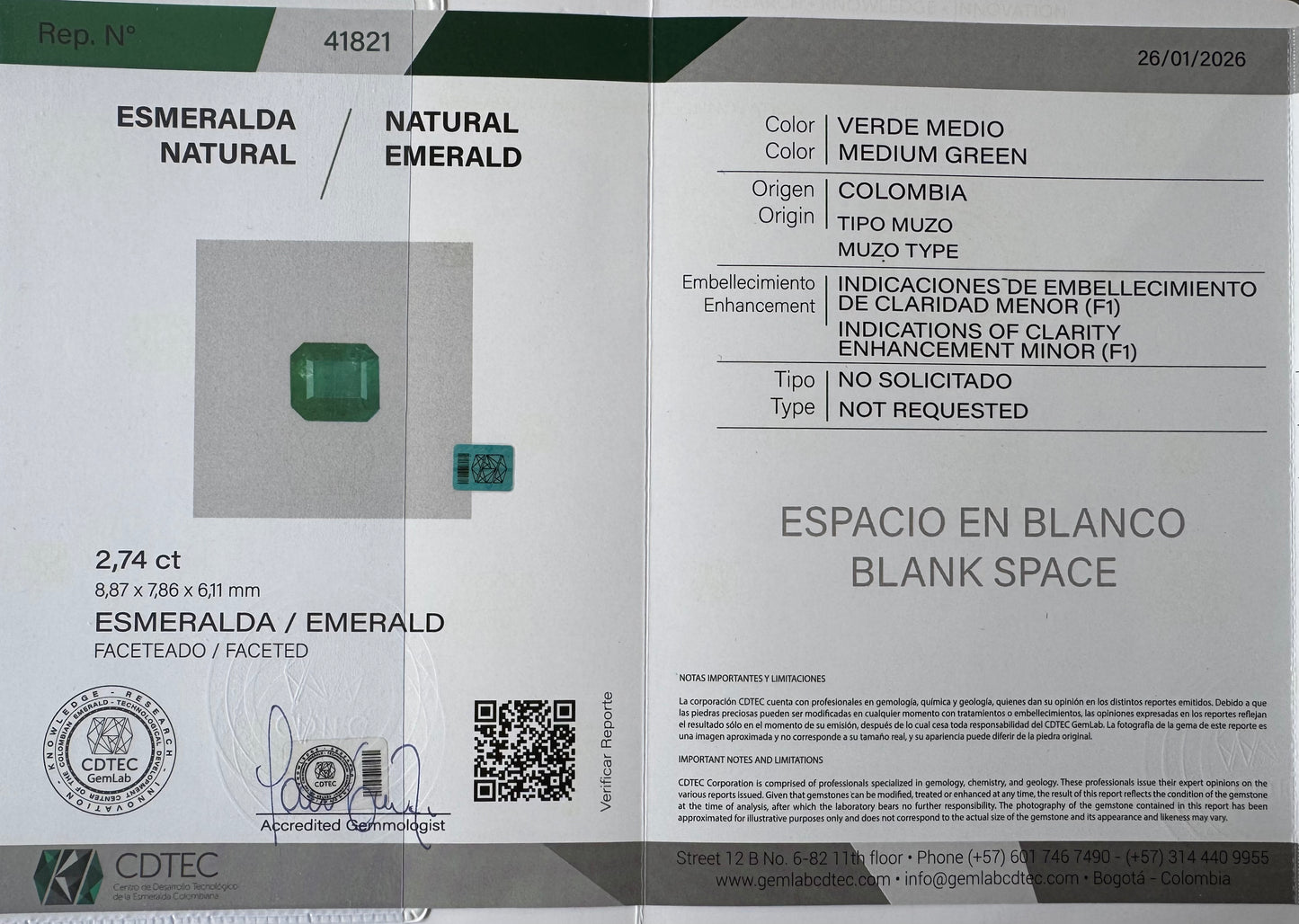 ESMERALDA CDTEC ESMERALDA/ 2.74 CT/ 8.87 X 7.86 X 6.11 MM