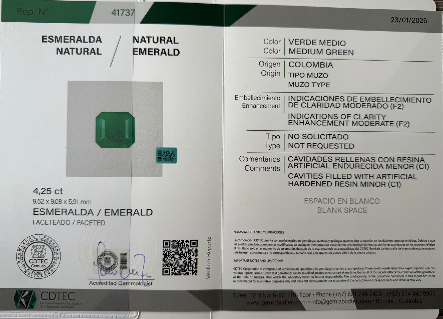 ESMERALDA CDTEC ESMERALDA/ 4.25 CT/ 9.62 X 9.08 X 5.91 MM