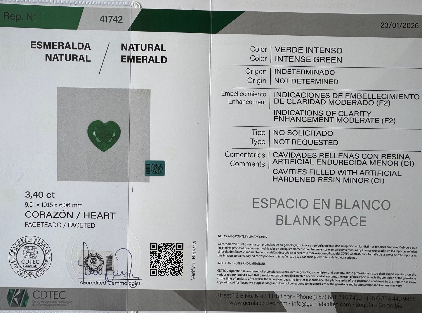 ESMERALDA CDTEC CORAZON/ 3.40 CT / 9.51 X 10.15 X 6.06 MM