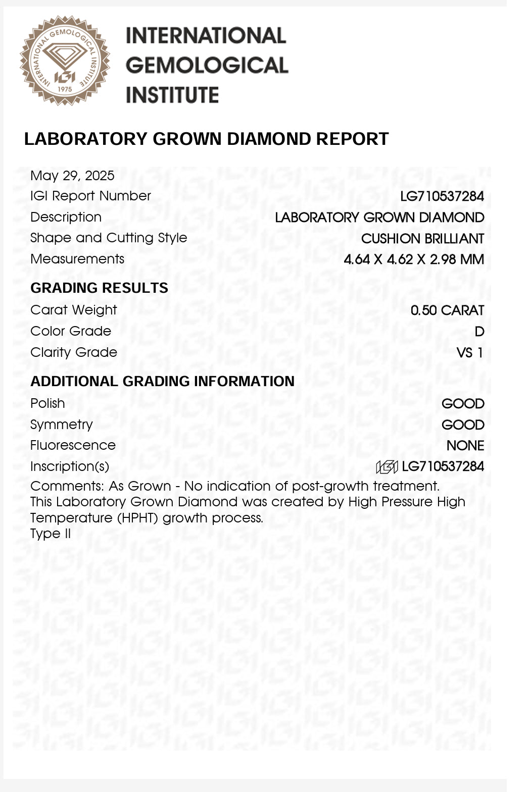 DIAMANTE DE LABORATORIO CUSHION 0.50 CTS D VS1