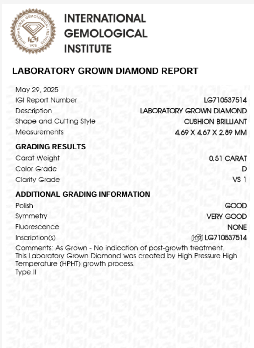 DIAMANTE DE LABORATORIO CUSHION 0.50 CTS D VS1