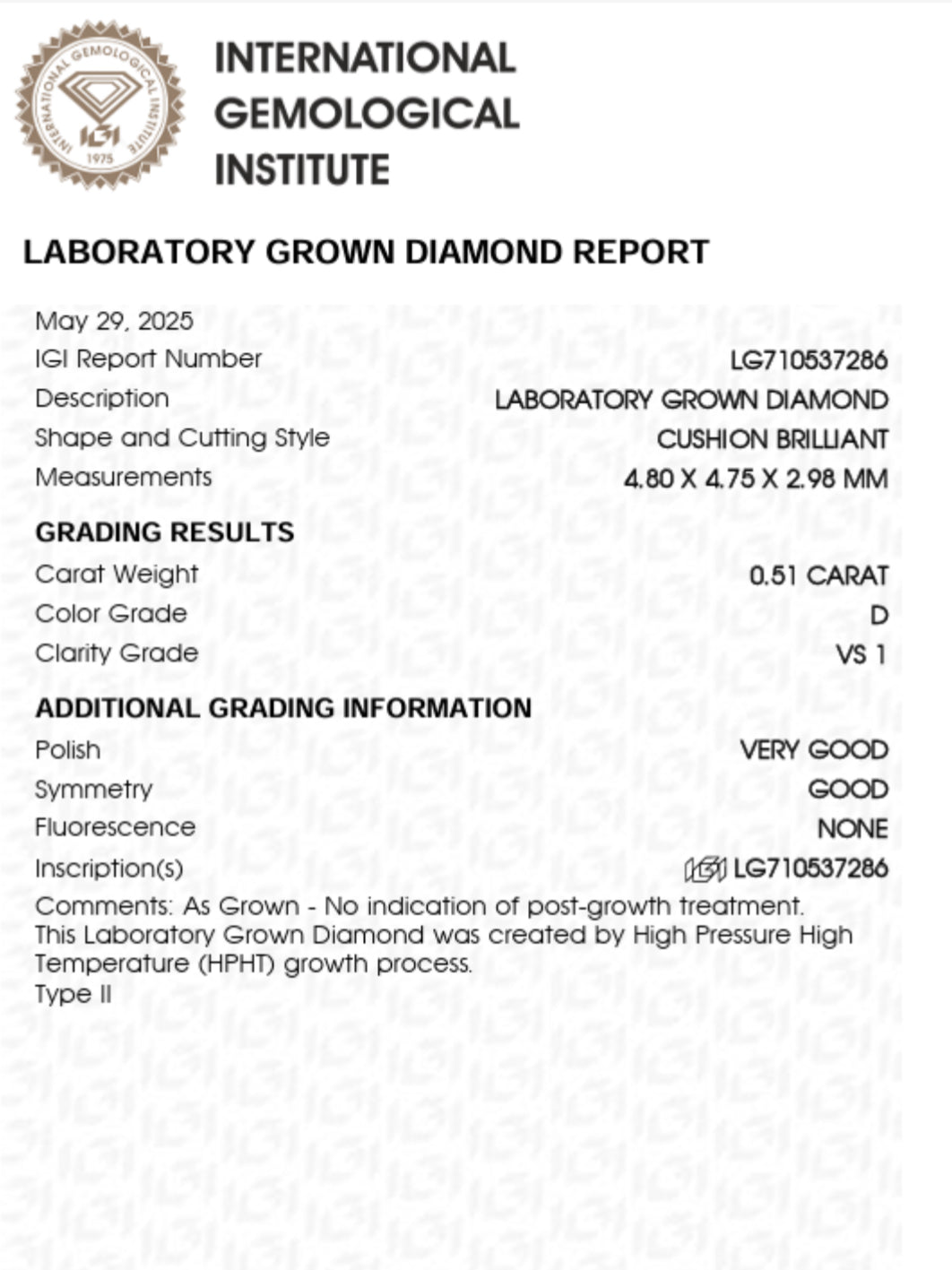 DIAMANTE DE LABORATORIO CUSHION 0.50 CTS D VS1