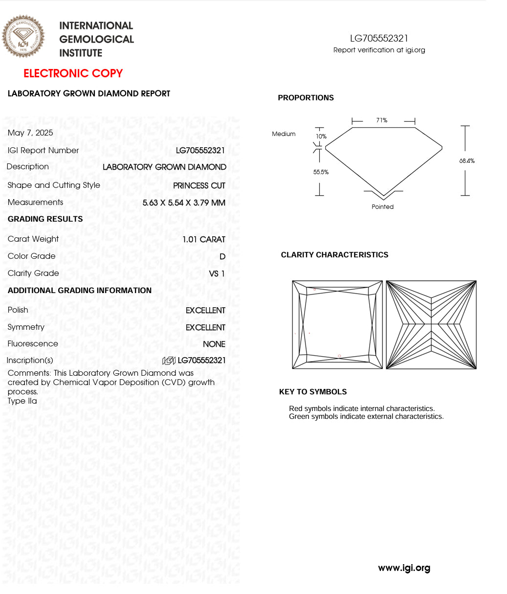 DIAMANTE DE LABORATORIO IGI CORTE PRINCESS 1.01 / 1.08 CT D VS1
