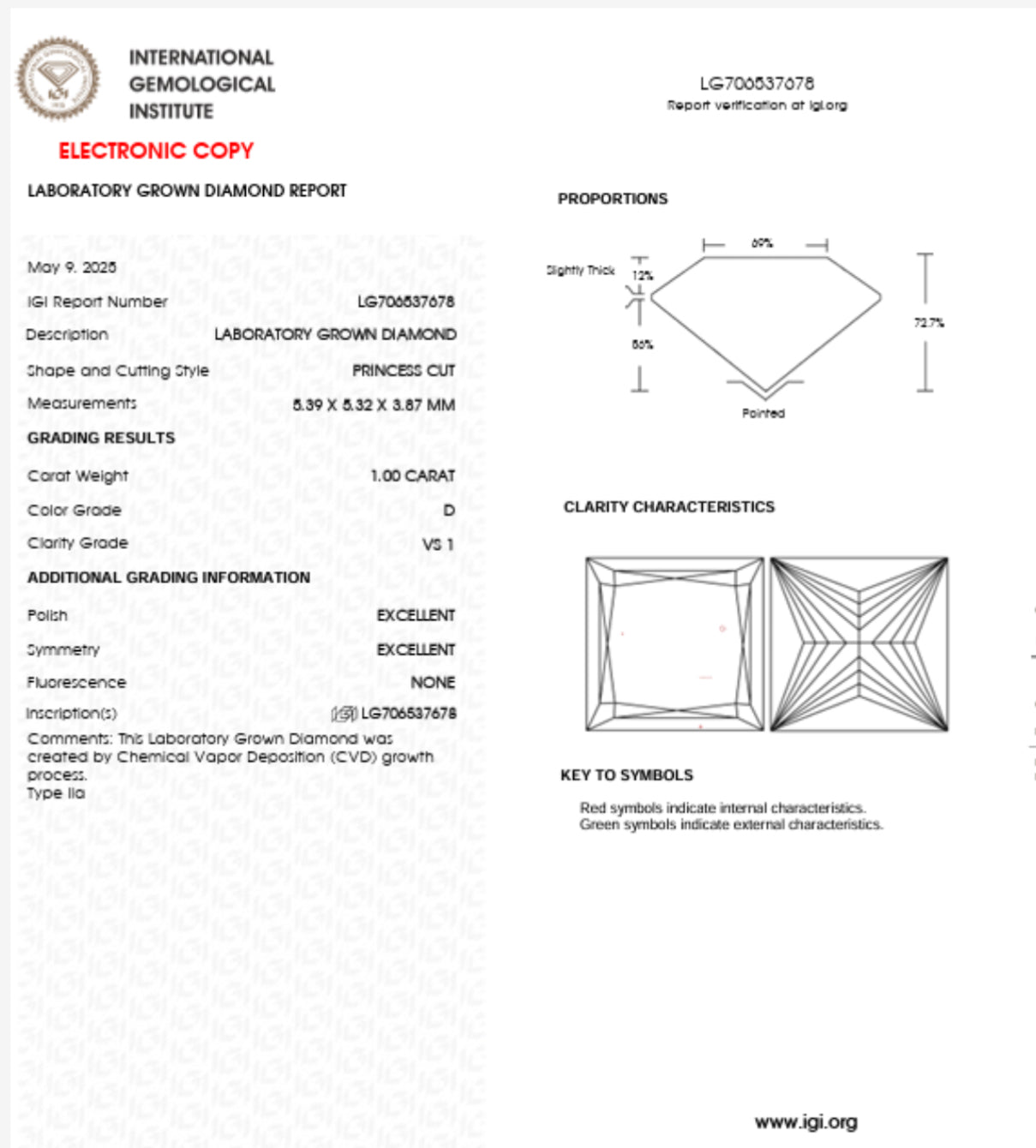 DIAMANTE DE LABORATORIO IGI CORTE PRINCESS 1.01 / 1.08 CT D VS1