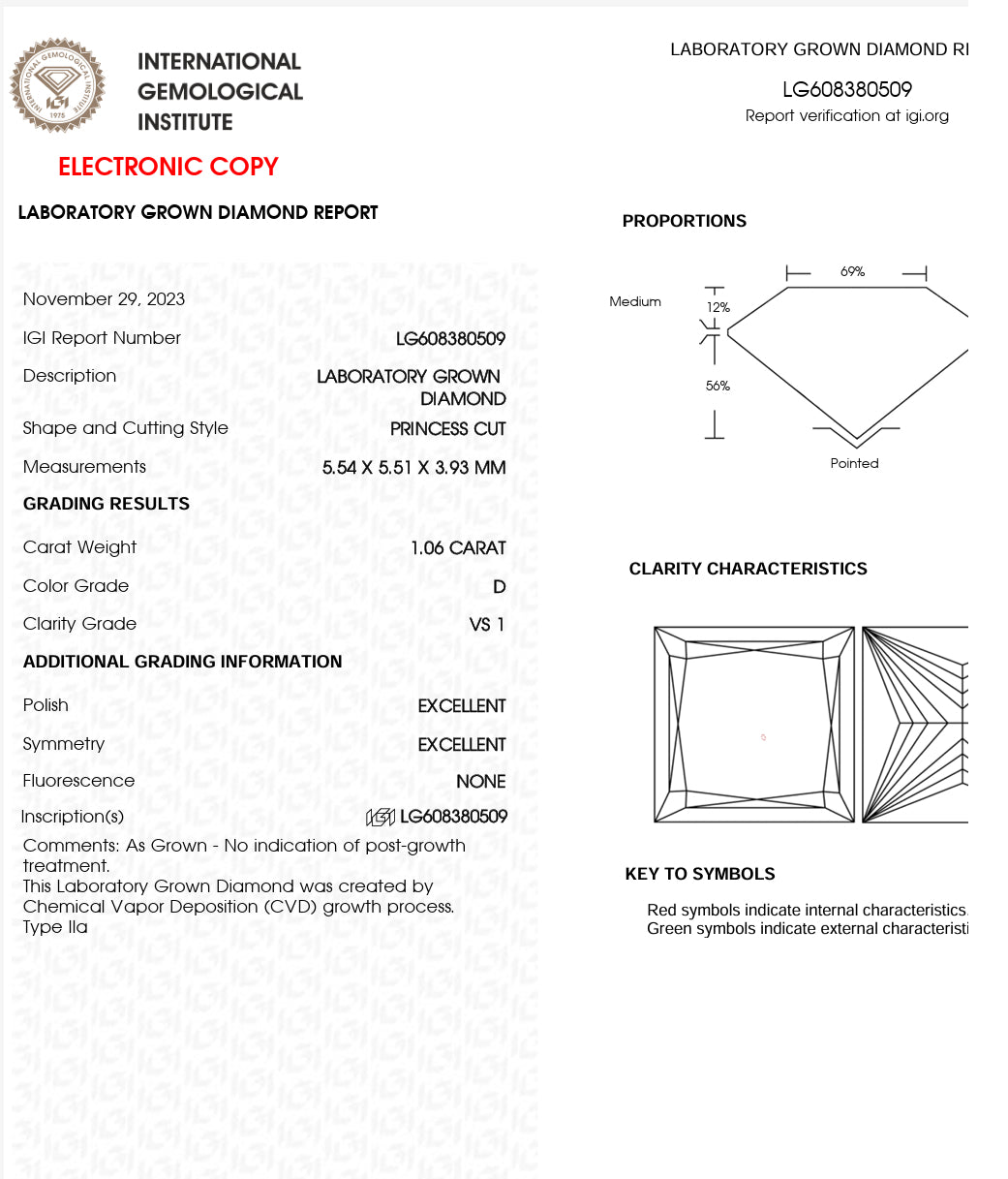 DIAMANTE DE LABORATORIO IGI CORTE PRINCESS 1.01 / 1.08 CT D VS1