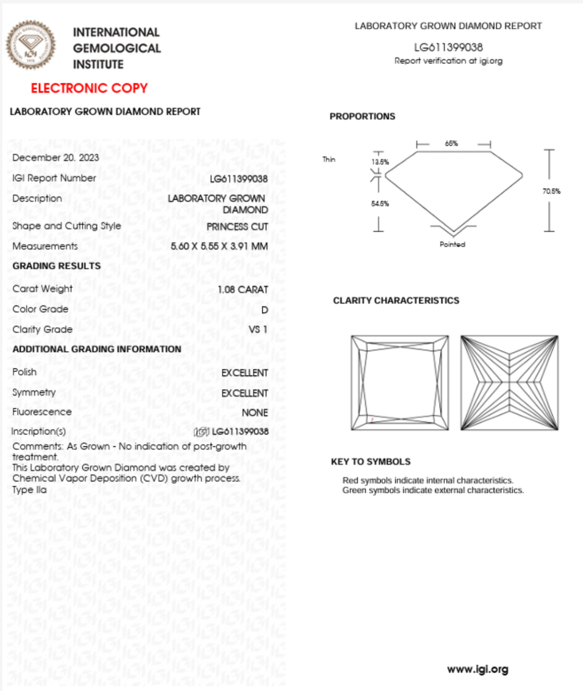 DIAMANTE DE LABORATORIO IGI CORTE PRINCESS 1.01 / 1.08 CT D VS1