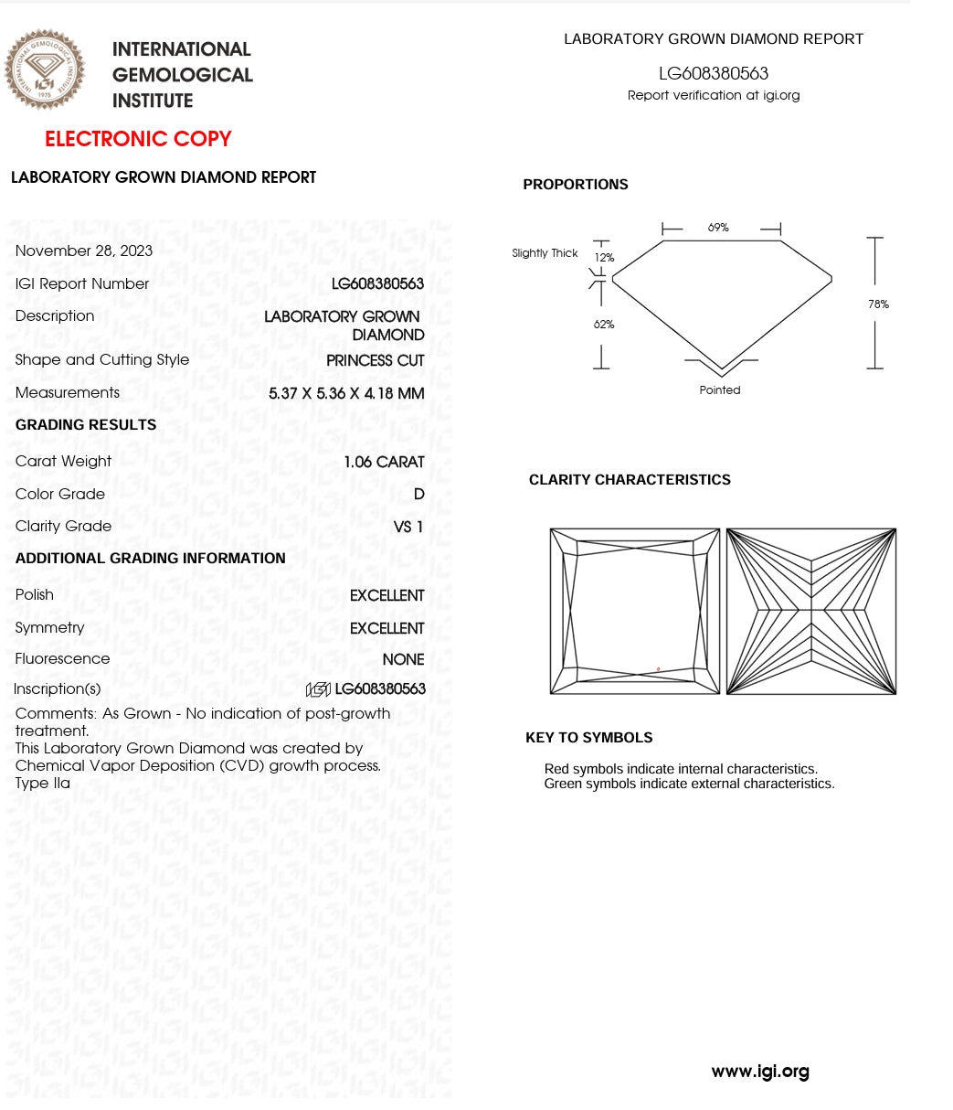 DIAMANTE DE LABORATORIO IGI CORTE PRINCESS 1.01 / 1.08 CT D VS1