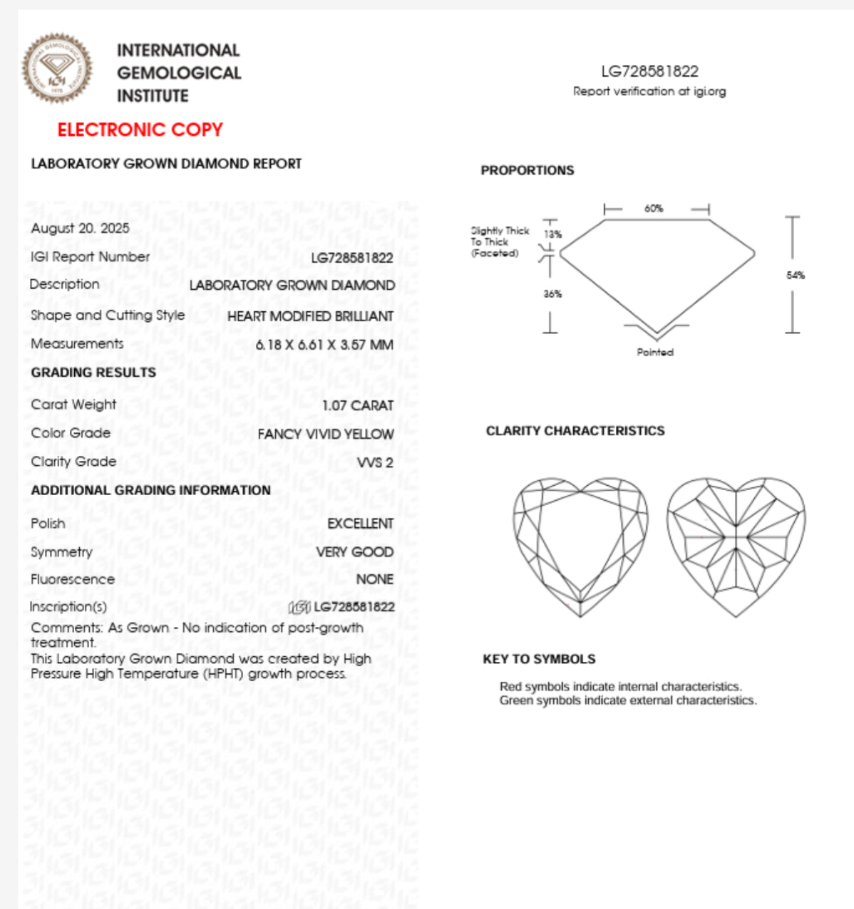 DIAMANTE IGI  HEART  FANCY VIVID YELLOW 1.07 CTS VVS2