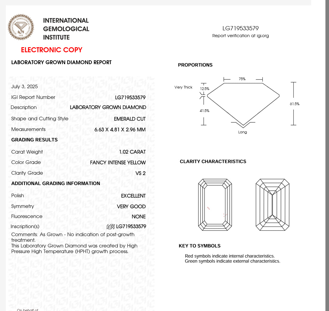 DIAMANTE  IGI ESMERALDA FANCY INTENSE YELLOW  1.02 CTS VS2