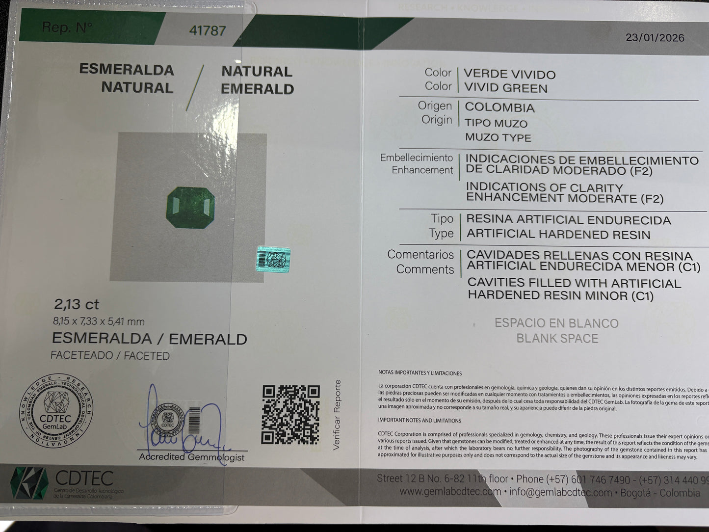 ESMERALDA CDTEC ESMERALDA 2.13 CTS 8.15 X 7.33 5.41 MM