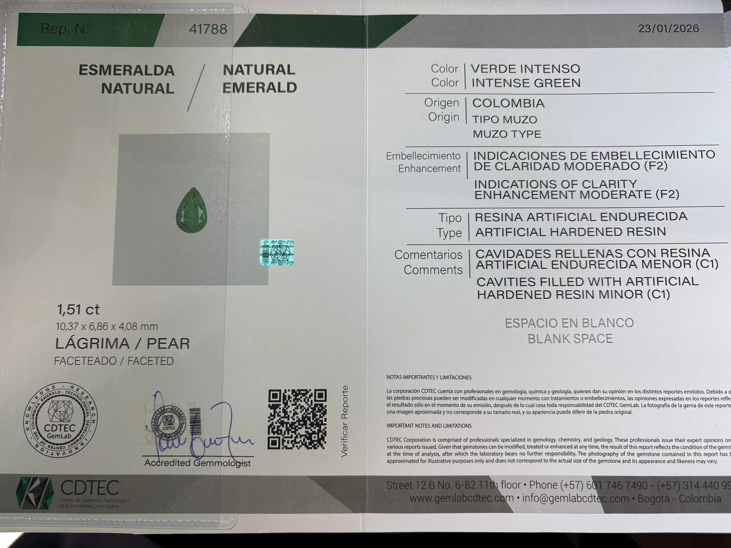 ESMERALDA CDTEC PERA 1.5 CTS 10.37 X 6.86 MM