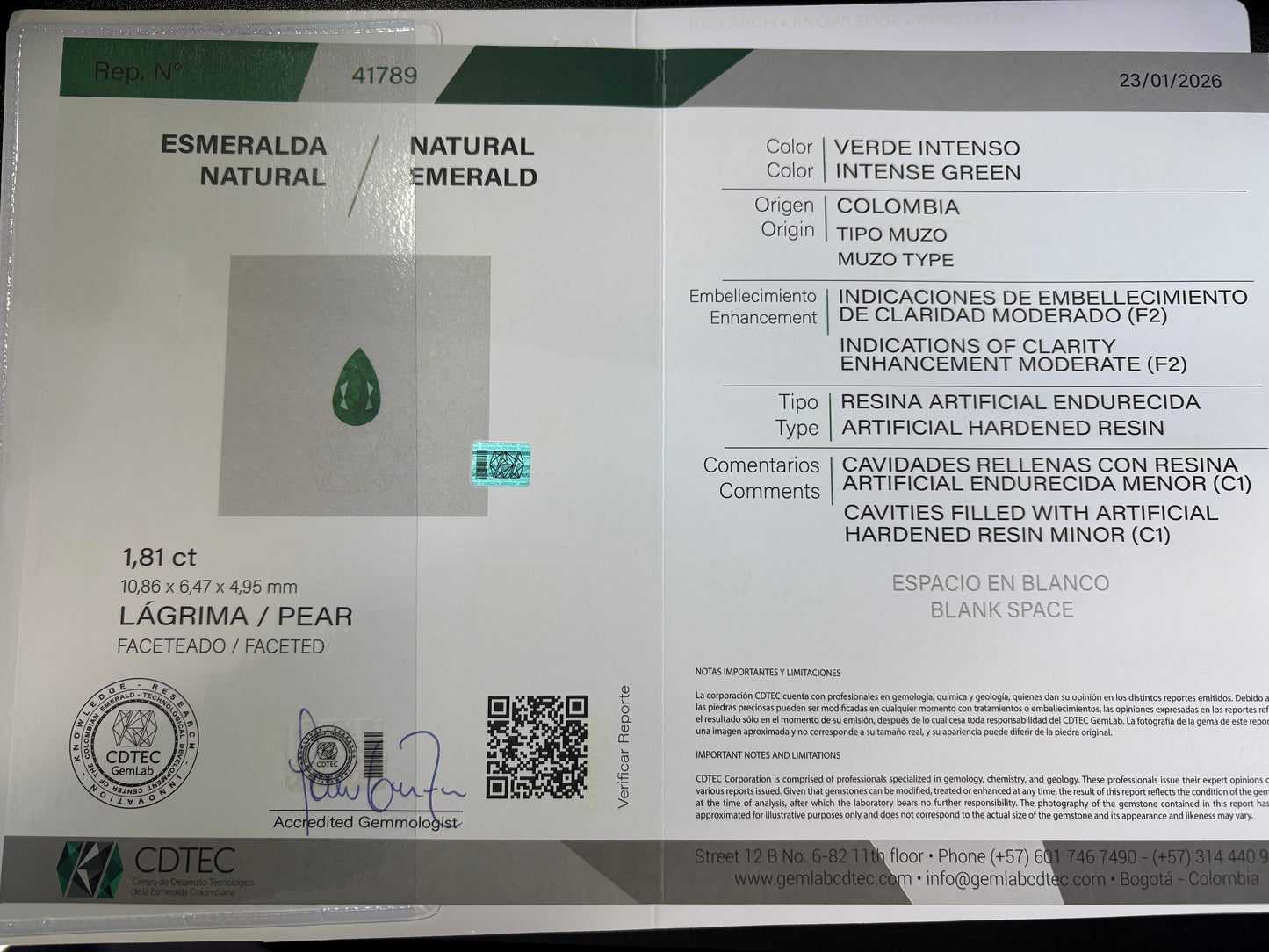 ESMERALDA CDTEC PERA 1.81 CTS 10.86 X 6.47 MM