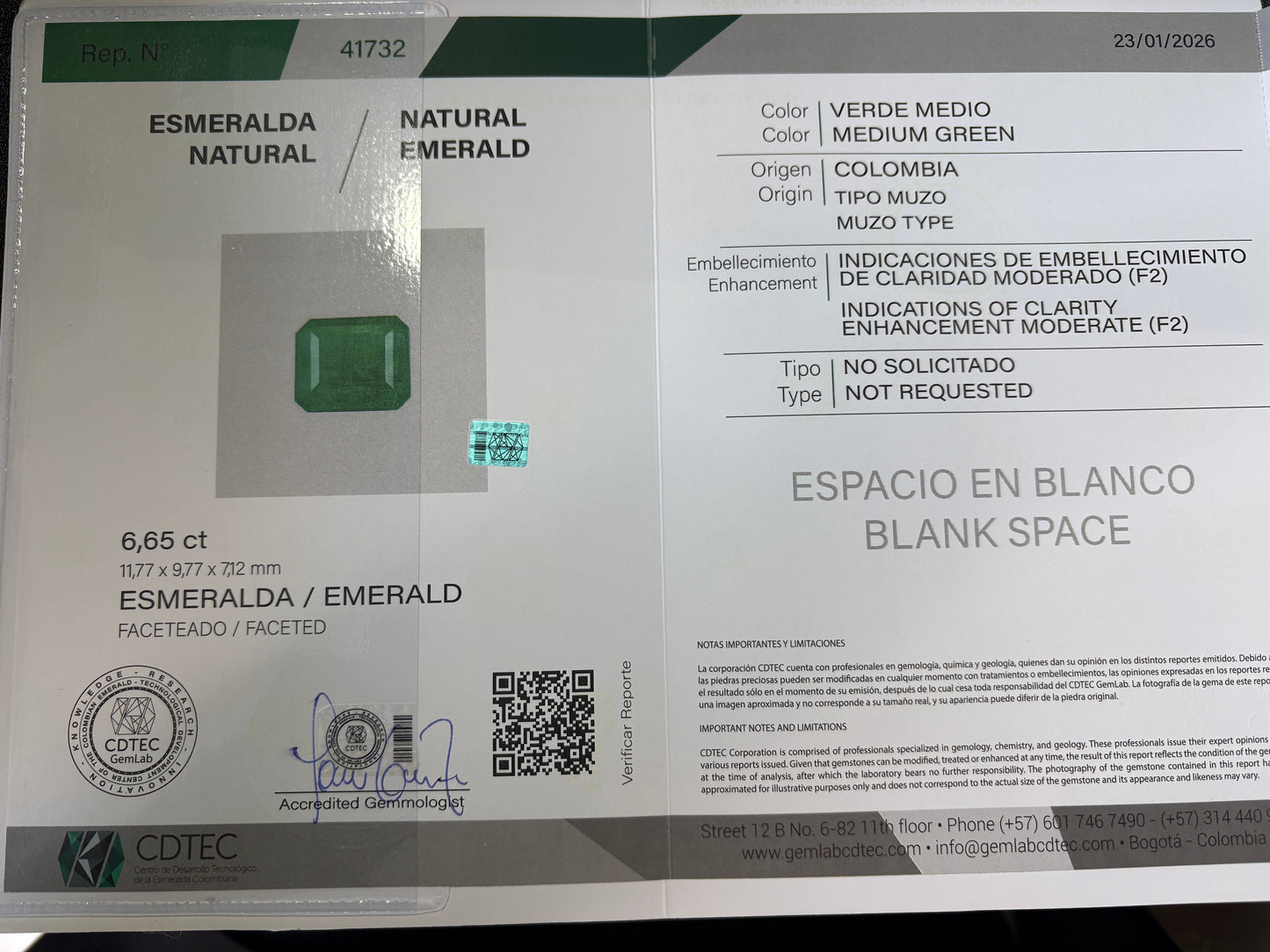 ESMERALDA CDTEC ESMERALDA 6.65 CTS 11.77 X 9.77 MM