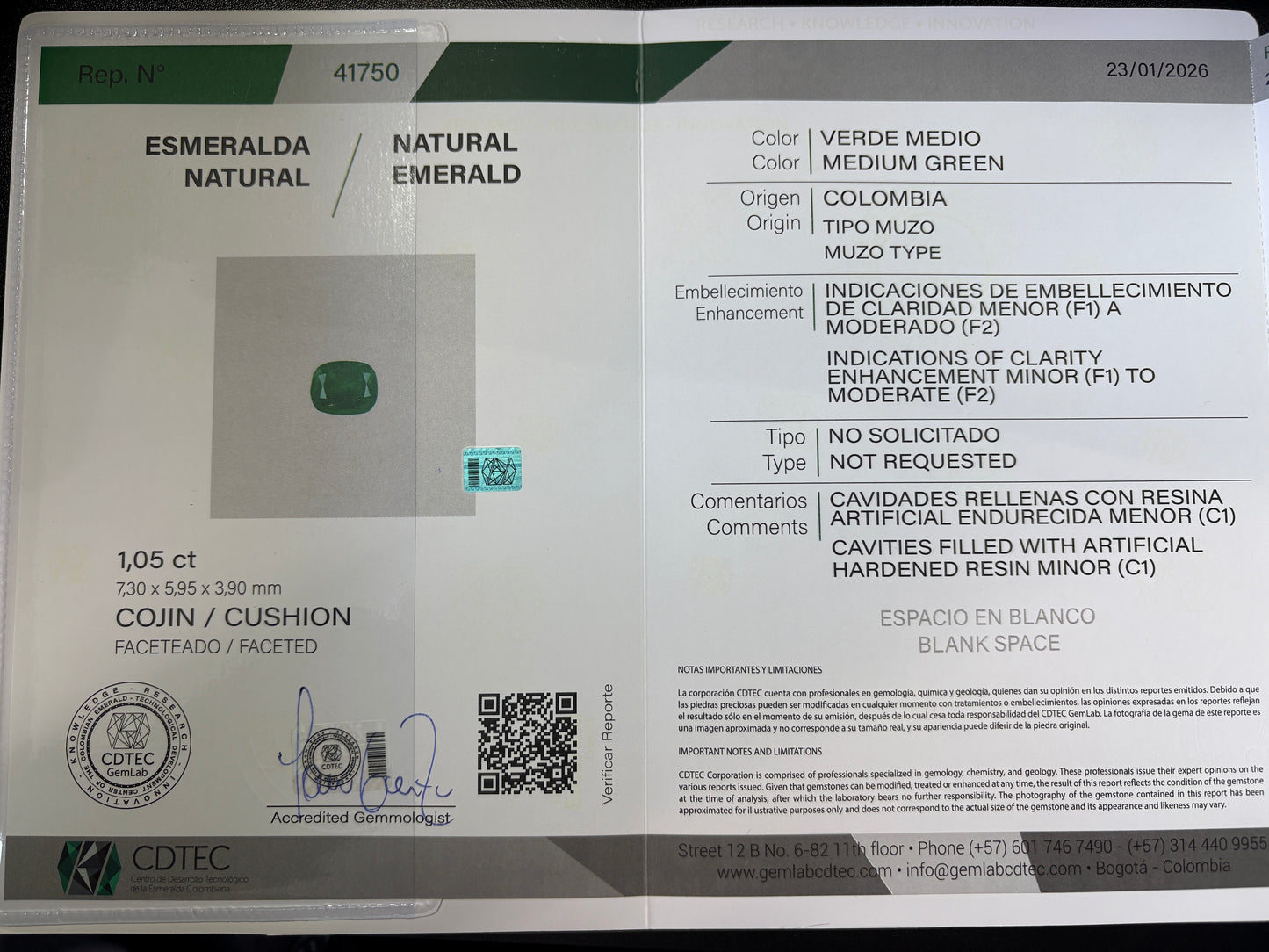 ESMERALDA CDTEC CUSHION 1.05 CTS 7.30 X 5.95 MM