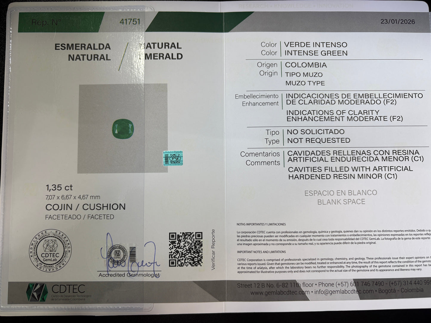 ESMERALDA CDTEC CUSHION 1.35 CTS 7.07 X 6.67 MM