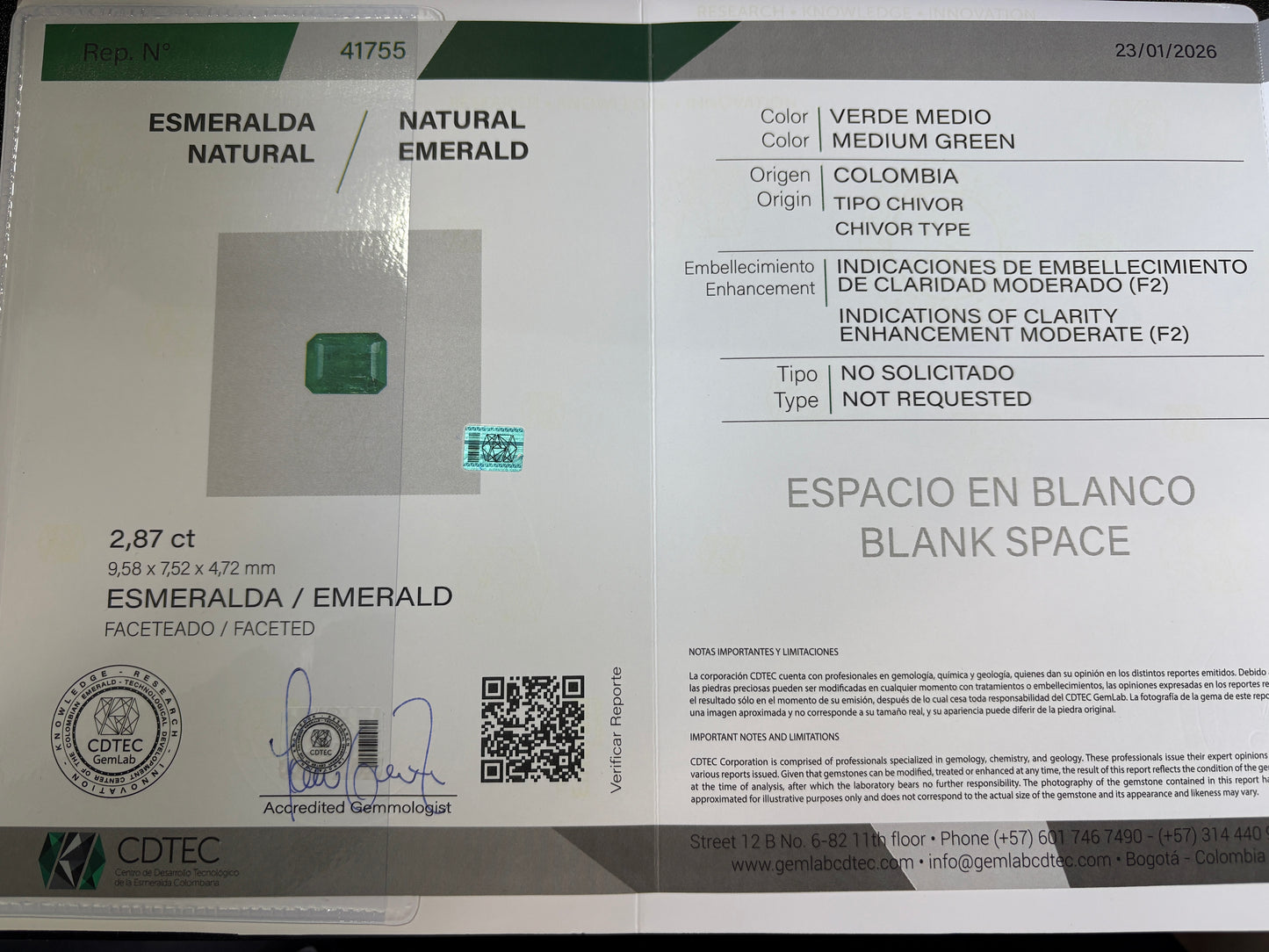 ESMERALDA CDTEC ESMERALDA 2.87 CTS 9.58 X 7.52 MM