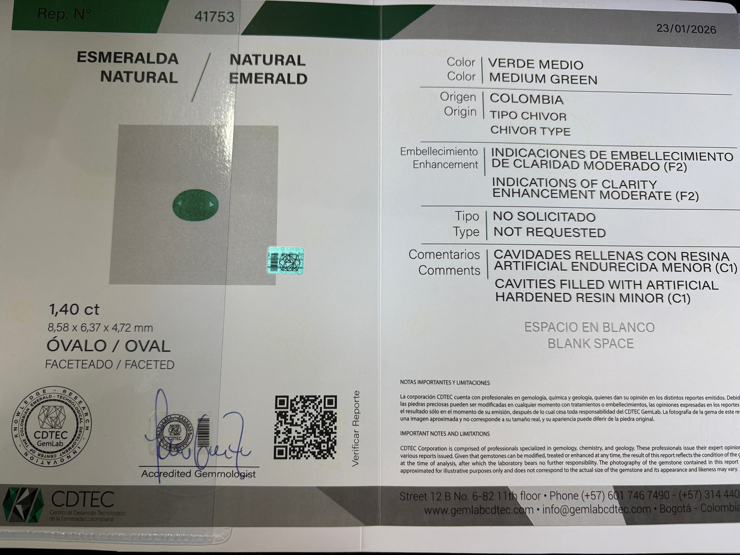 ESMERALDA CDTEC OVAL 1.40 CTS 8.58 X 6.37 MM