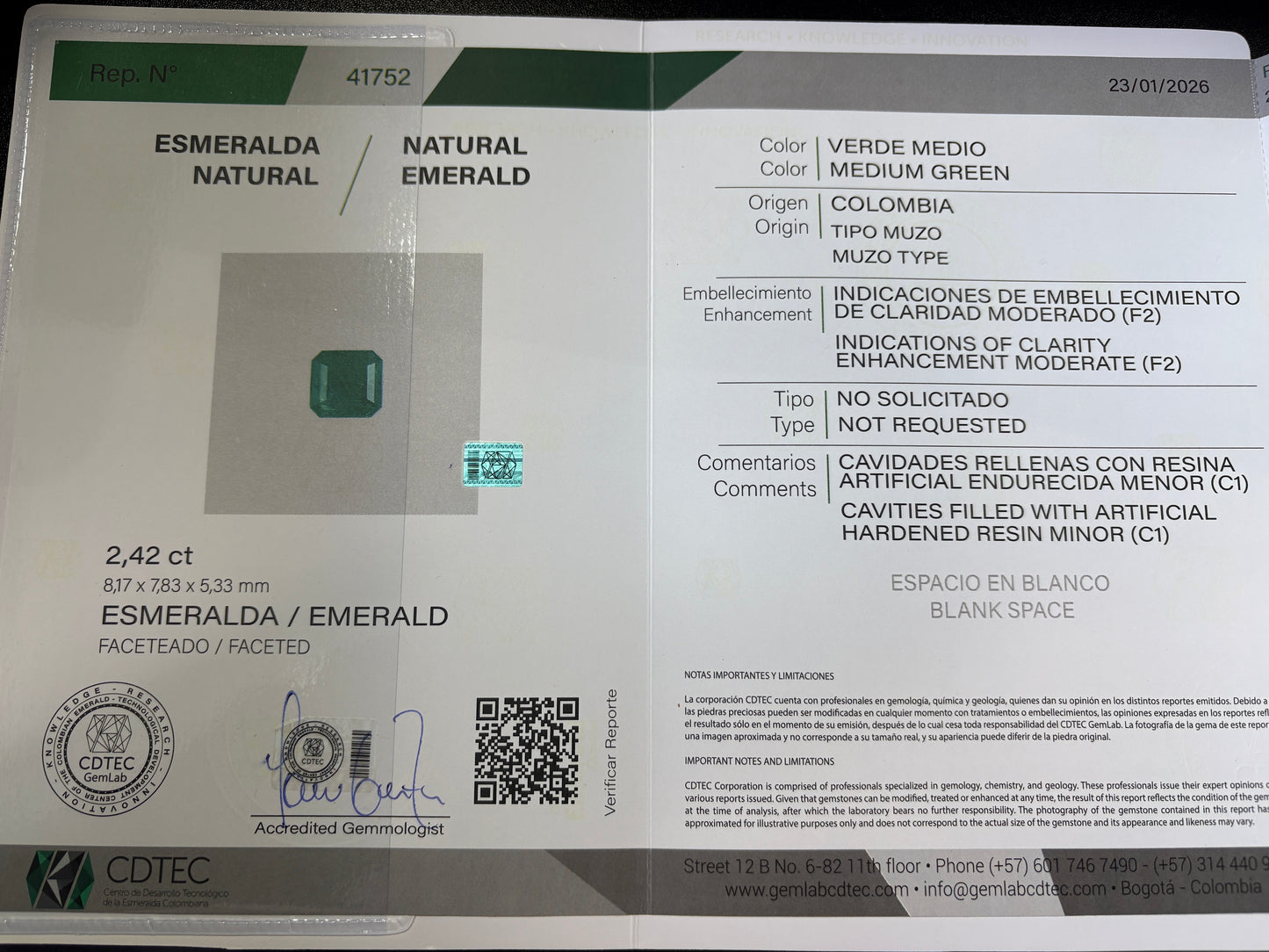 ESMERALDA CDTEC ESMERALDA 2.42 CTS 8.17 X 7.83 MM