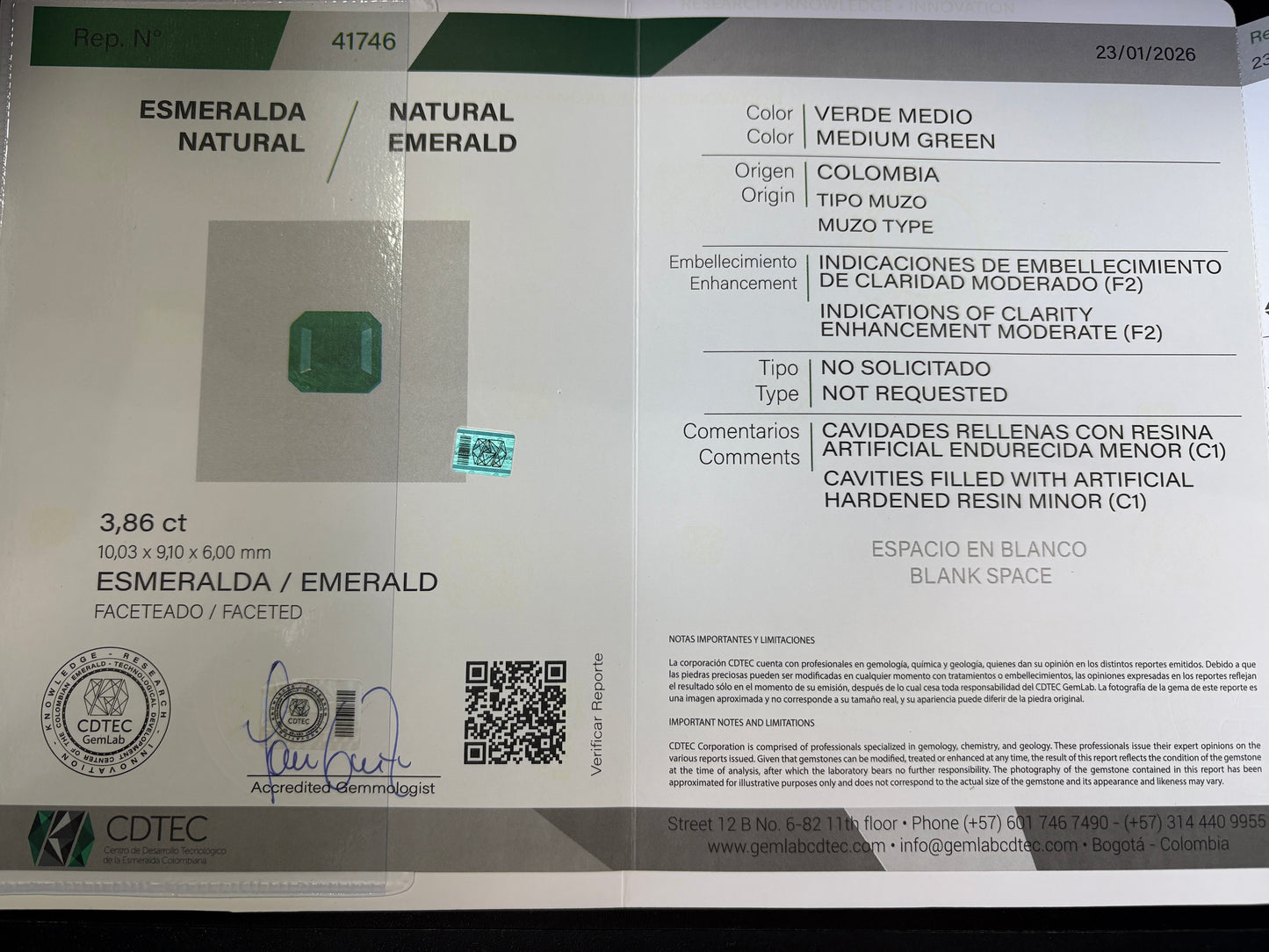 ESMERALDA CDTEC ESMERALDA 3.86 CTS 10.03 X 9.10 MM