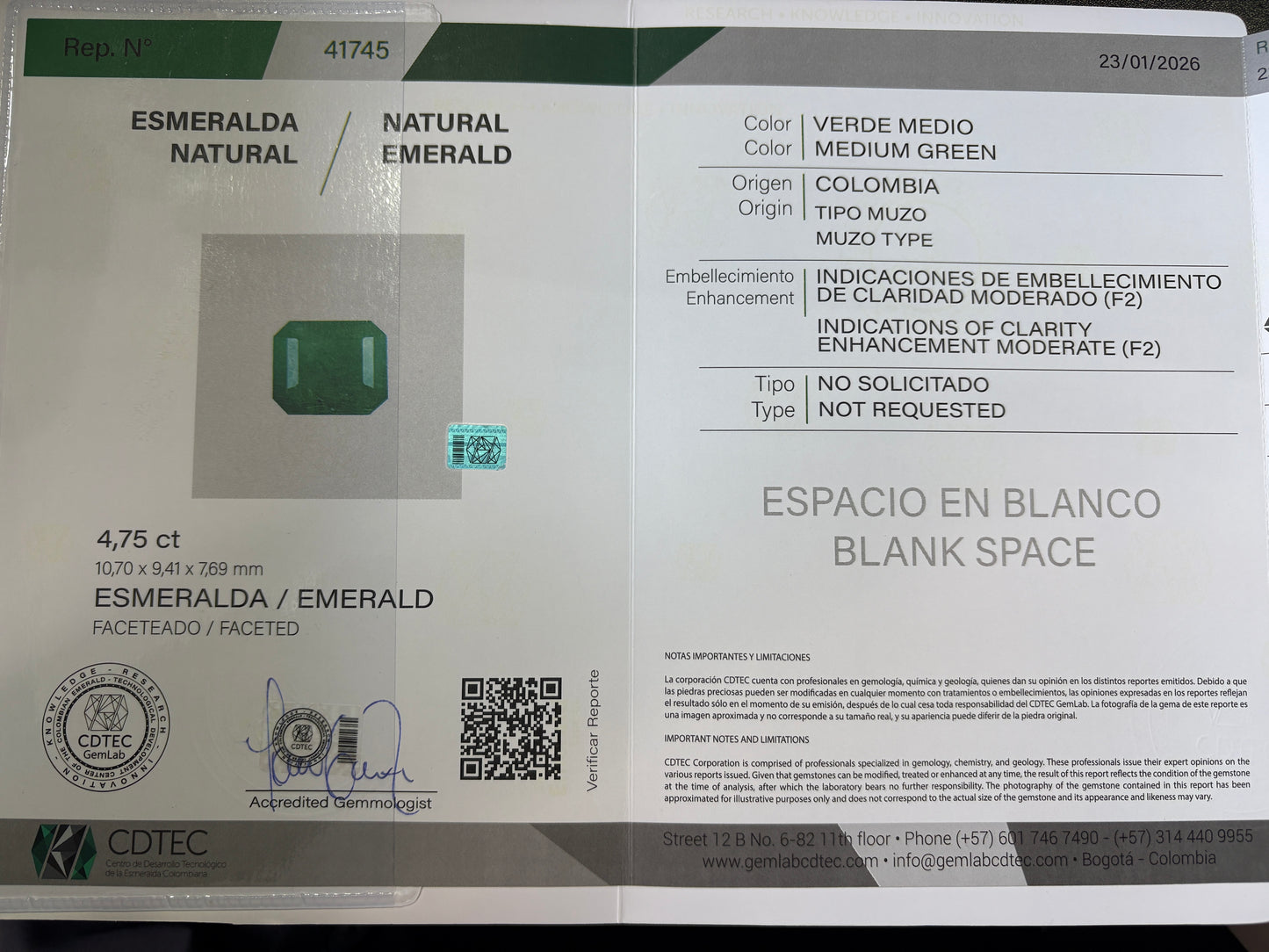 ESMERALDA CDTEC ESMERALDA 4.75 CTS 10.70 X 9.41 MM