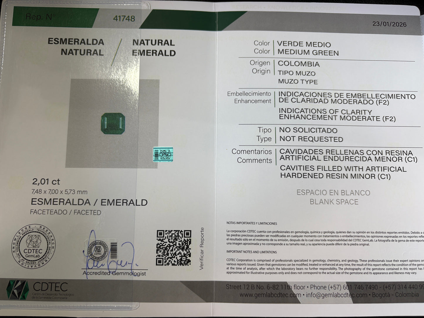ESMERALDA CDTEC ESMERALDA 2.01 CTS 7.48 X 7.00 MM