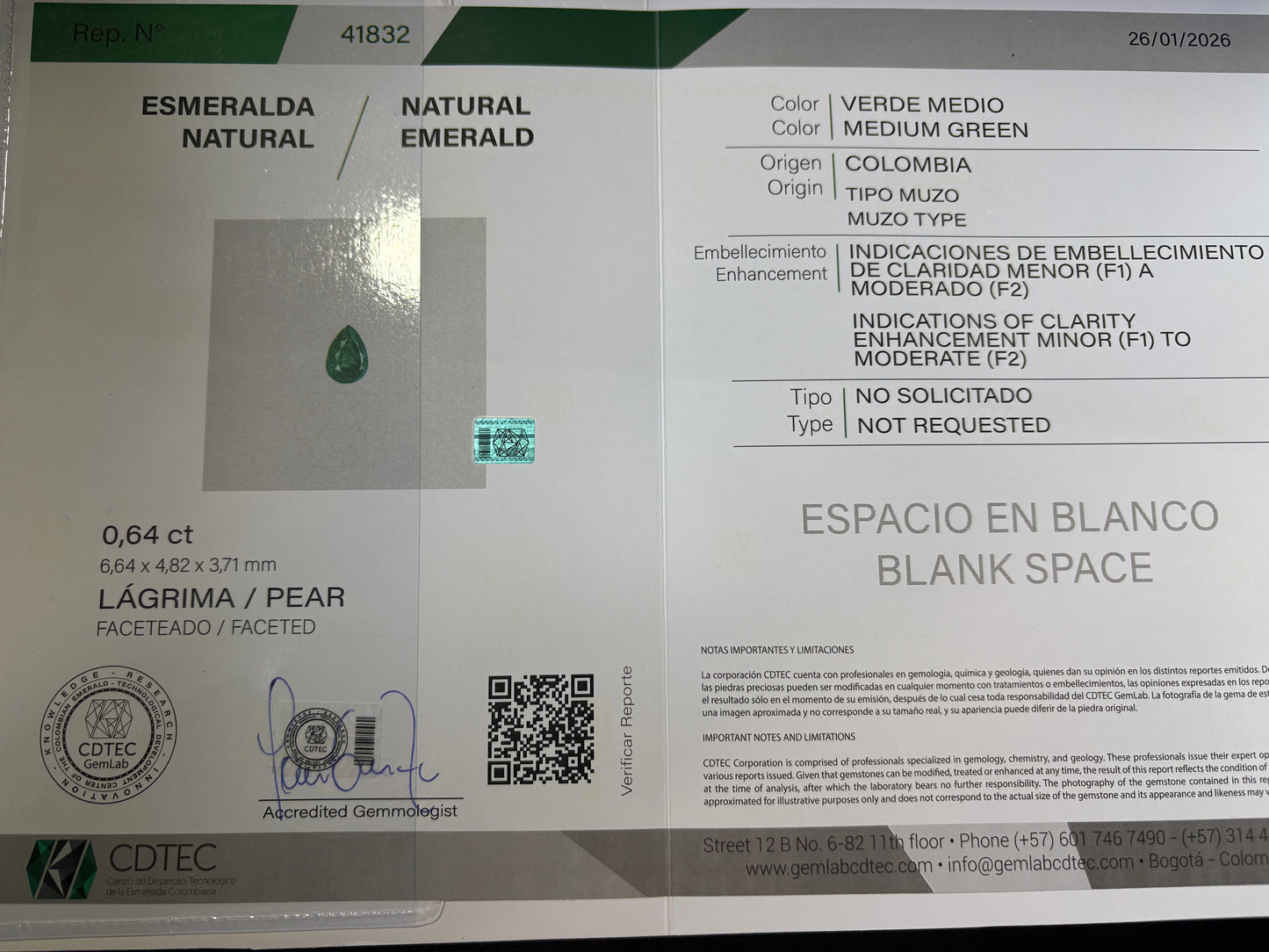 ESMERALDA CDTEC PERA 0.64 CTS 6.64 X 4.82 MM