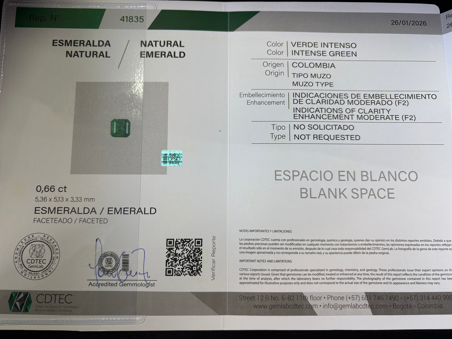 ESMERALDA CDTEC ESMERALDA 0.66 CTS 5.36 X 5.13 MM