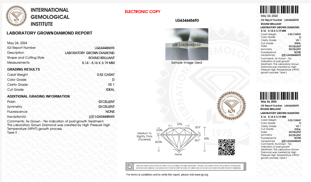 DIAMANTE DE LABORATORIO IGI CORTE BRILLANTE 0.52 CTS D VS1