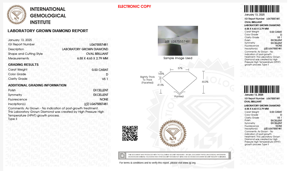 DIAMANTE DE LABORATORIO IGI CORTE OVAL 0.52 CTS D VVS2