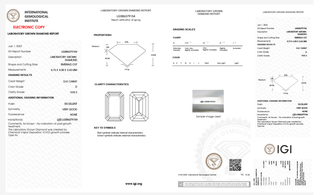 DIAMANTE DE LABORATORIO IGI CORTE ESMERALDA 0.61 CT D VVS2