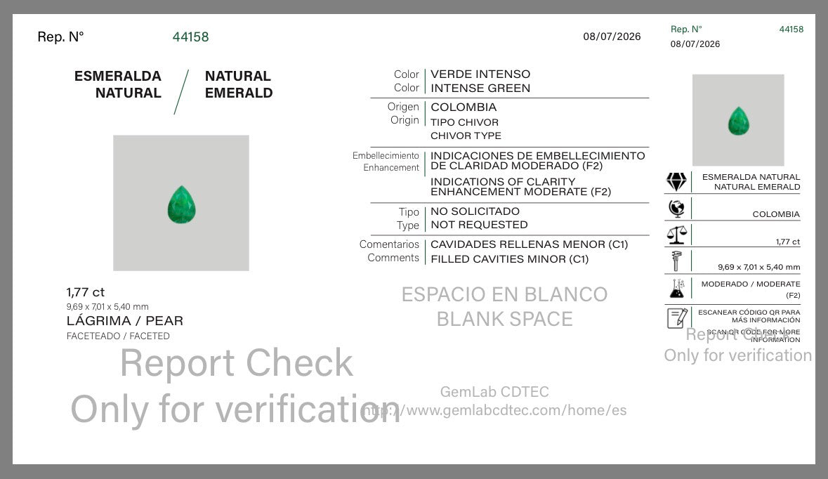 ESMERALDA CDTEC  PERA 1.77 CTS 9.69 X 7.01 MM