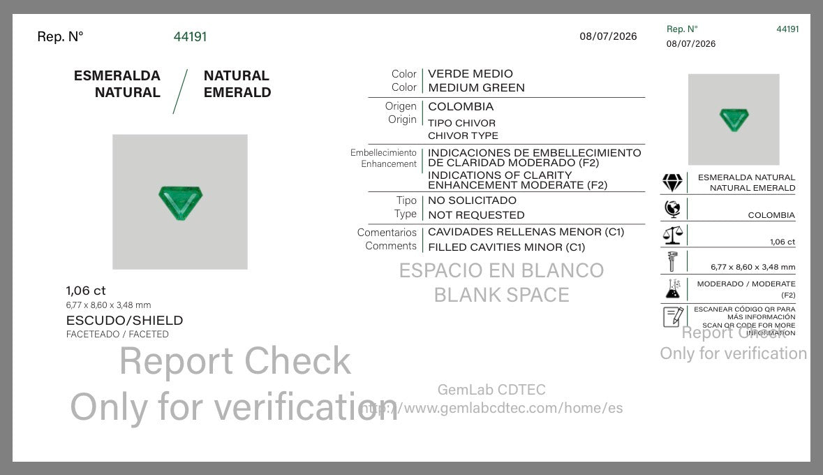ESMERALDA CDTEC ESCUDO 1.06 CTS 6.77 X 8.60 MM