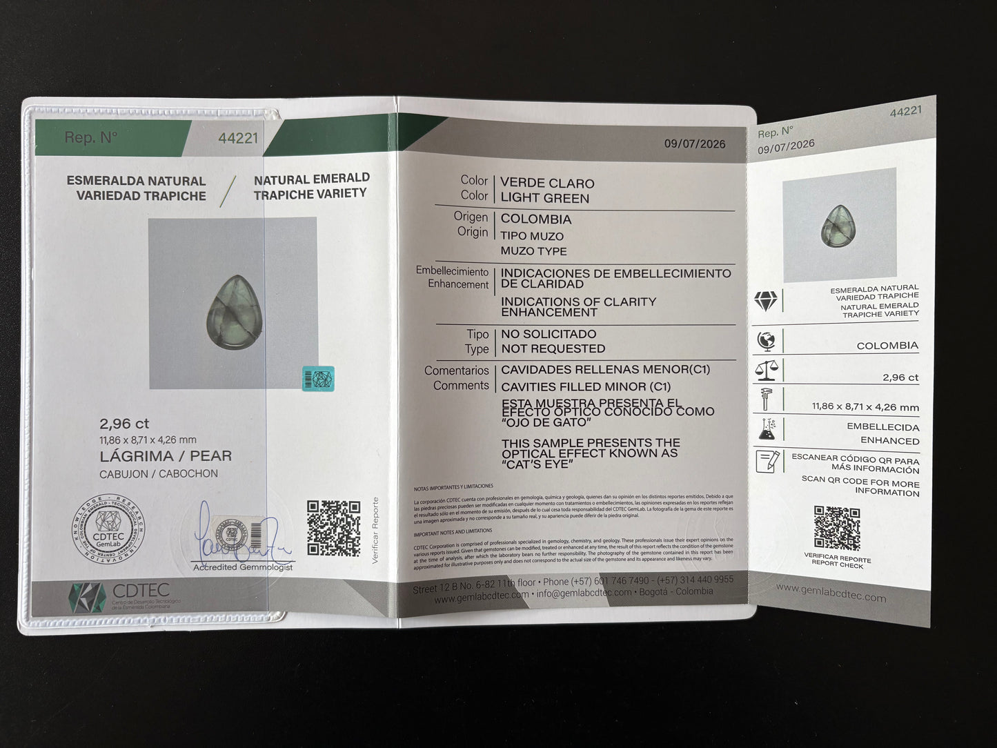 ESMERALDA TRAPICHE  CDTEC  PERA 2.96 CTS 11.86 X 8.71 MM