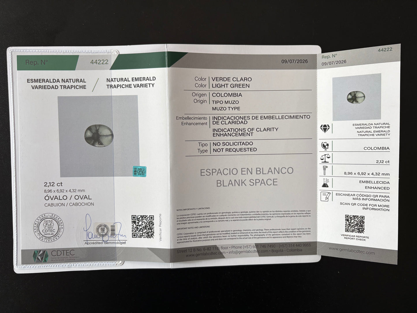 ESMERALDA TRAPICHE  CDTEC  OVAL 2.12 CTS 8.96 X 6.92 MM