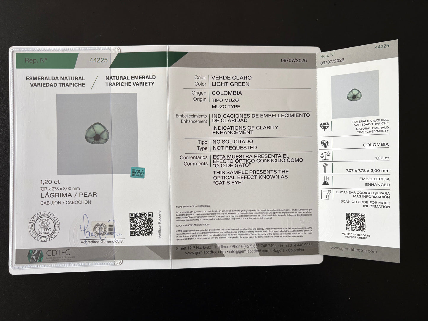 ESMERALDA TRAPICHE  CDTEC  PERA 1.20 CTS 7.07 X 7.78 MM