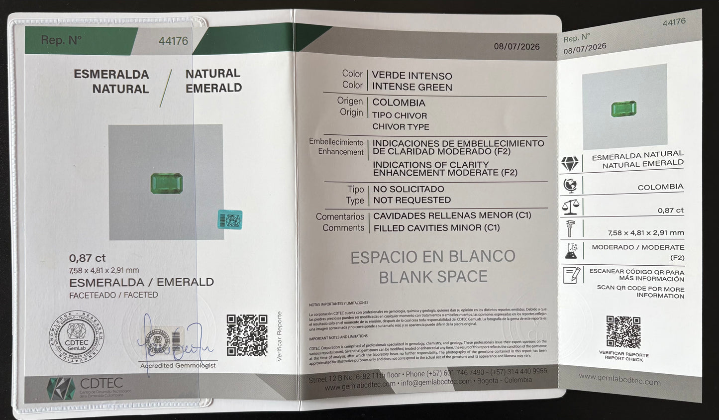 ESMERALDA CDTEC  0.87 CTS 7.58 X 4.81 MM