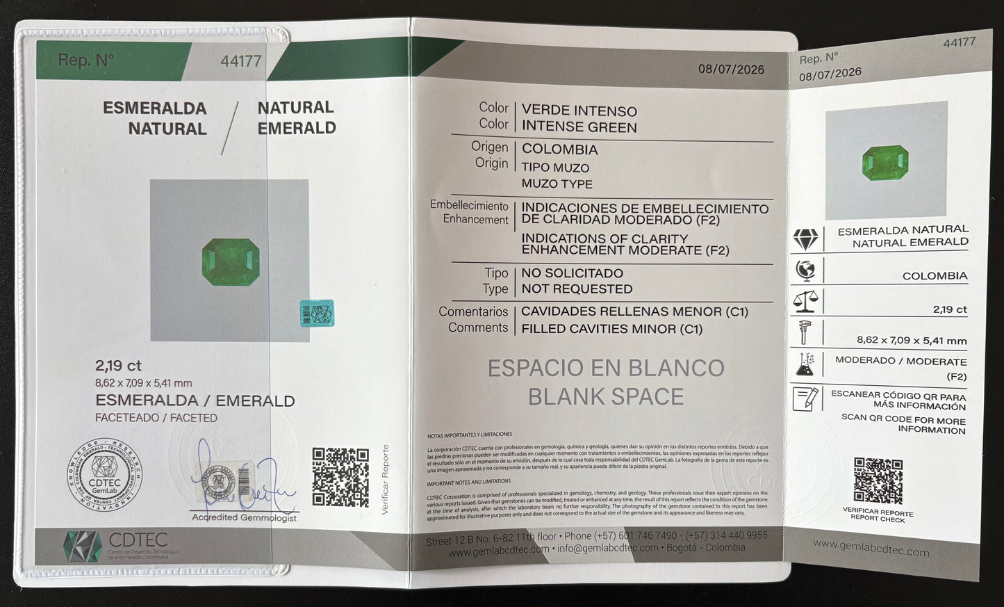 ESMERALDA CDTEC  2.19 CTS 8.62 X 7.09 MM