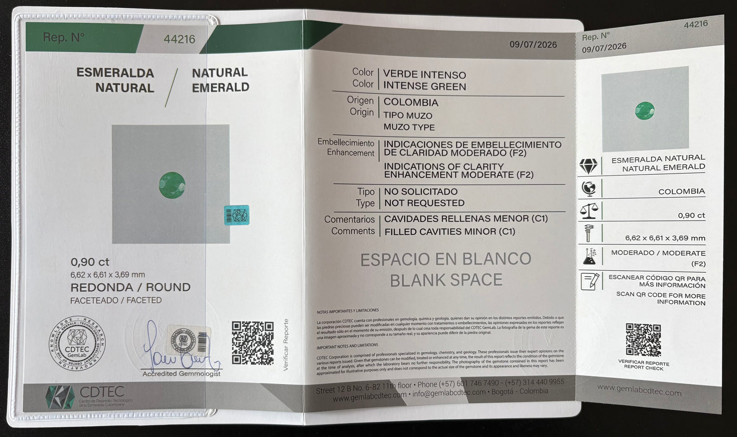 ESMERALDA CDTEC REDONDA 0.90 CTS 6.62 X 6.61 MM