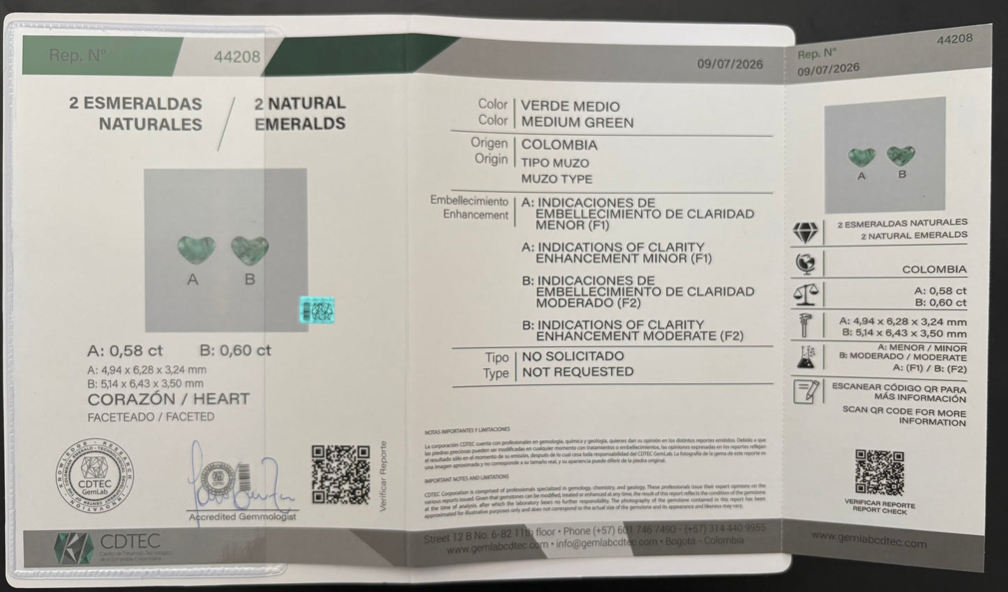 PAR ESMERALDAS CORAZON  CDTEC 1.18 CTS