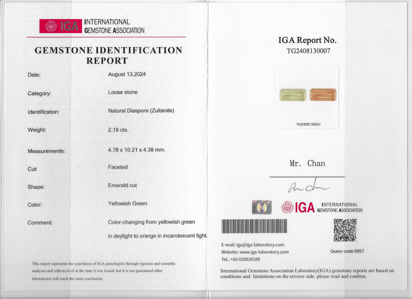 ZULTANITA CERTIFICADA IGA 2.18 CT