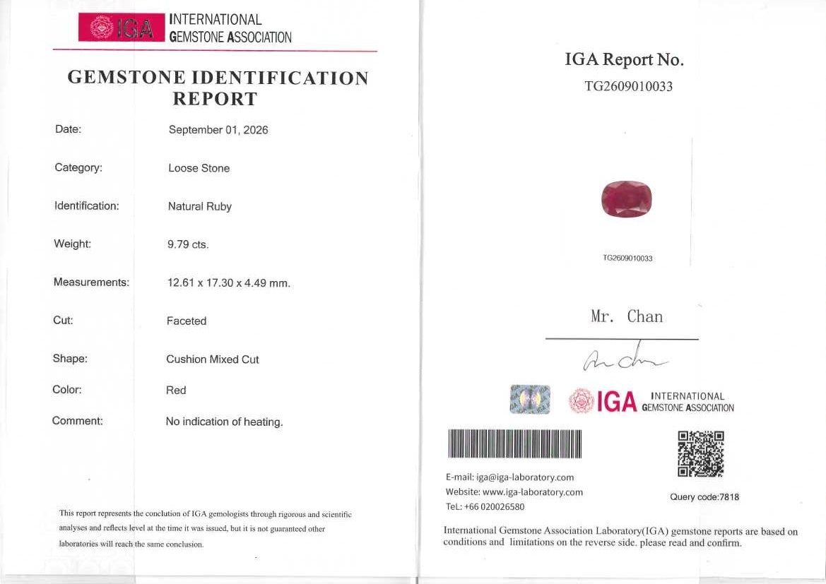 RUBY IGA CUSHION 9.79 CTS  12.61 X 17.30 X 4.49 MM