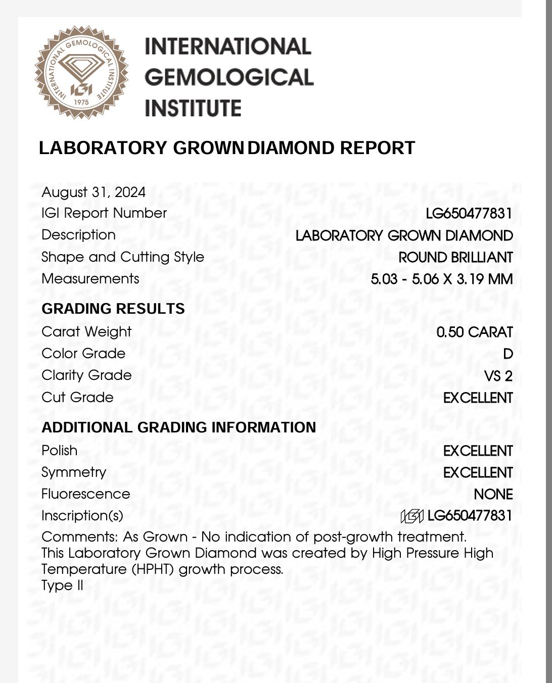 DIAMANTE DE LABORATORIO IGI CORTE BRILLANTE 0.50 CT D VS2