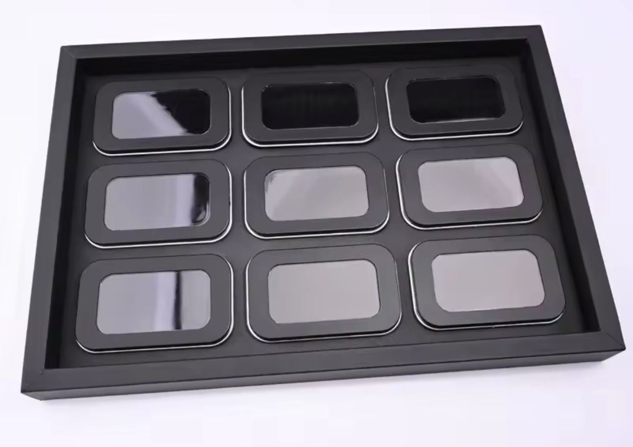 EXHIBIDOR PARA GEMAS CON 9 PIEZAS CORTE RECTANGULAR 32 X 22 CM